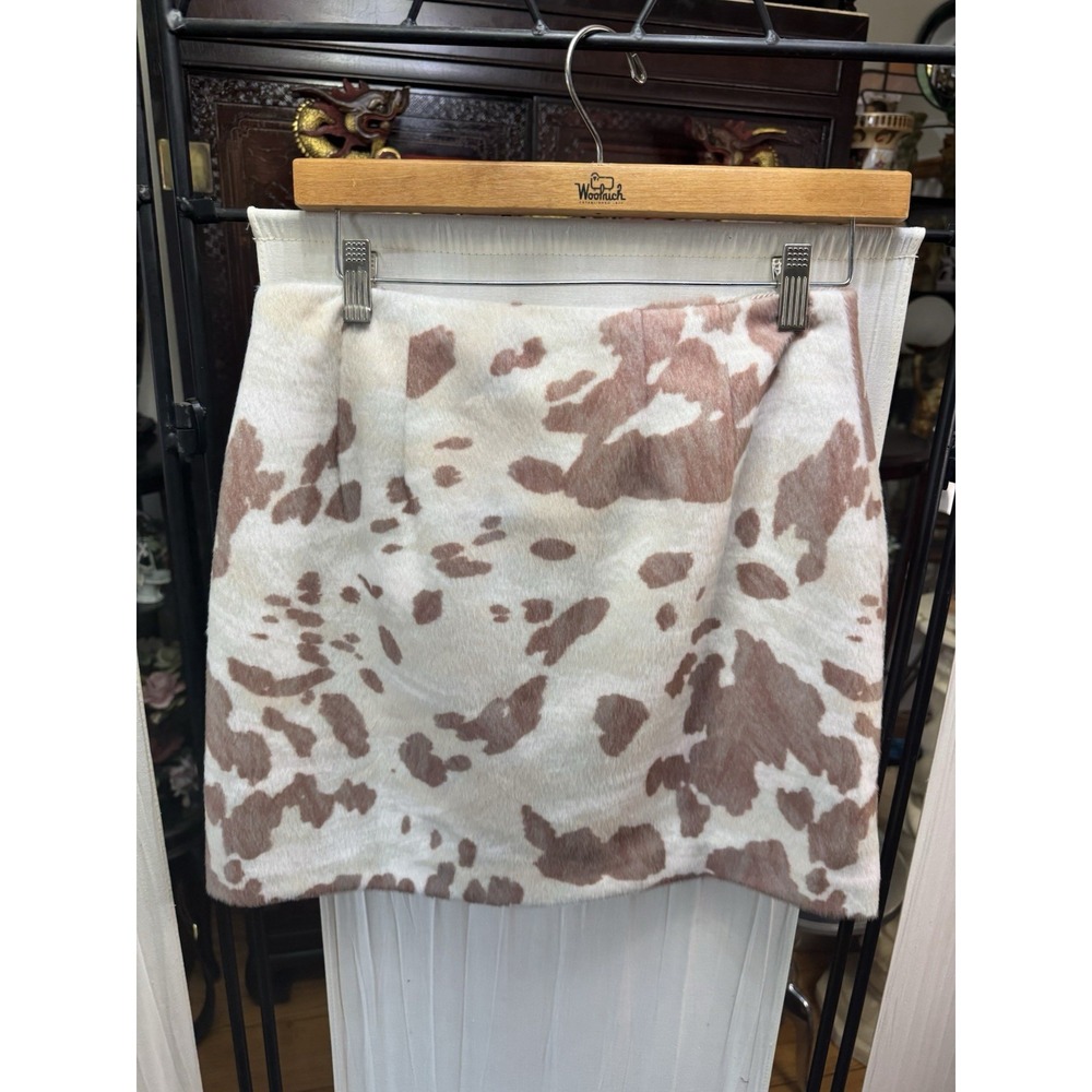 LOFT Women's Cow Print Faux Fur Mini Skirt Size 4 Brown Cream Western Y2K - Picture 8 of 9